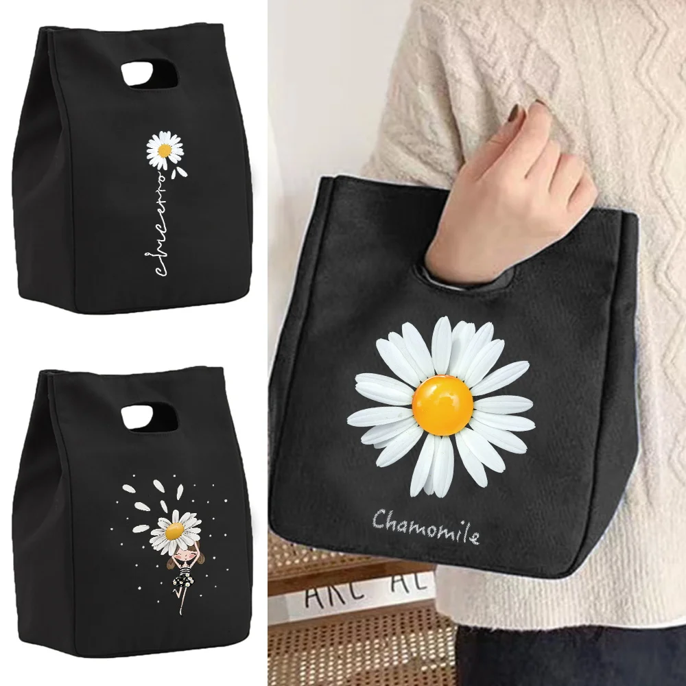 Thermal Canvas Lunch Bags for Women Cooler Bag Insulated Lunch Bento Pack Food Picnic Bag Daisy Pattern Lunch Bags for Work