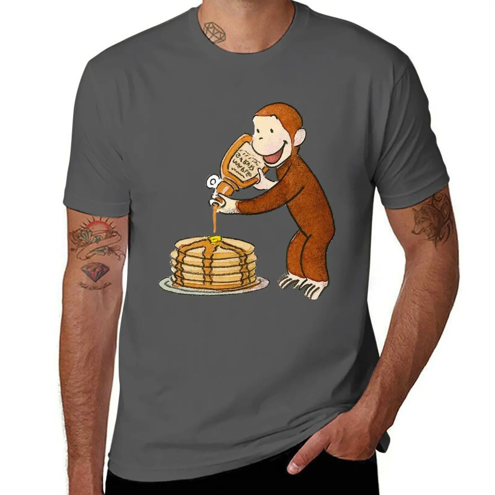 

Curious George making pancakes T-Shirt t shirts with prints t shirts for man cotton T-Shirt