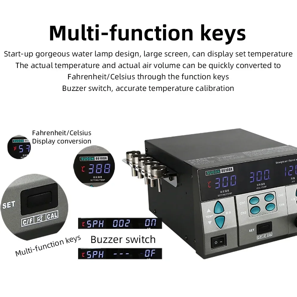 SUGON 8610DX 1000W Hot Air Rework Station LED Display Lead-Free Heat Gun Microcomputer Temperature Adjustable 5nozzle