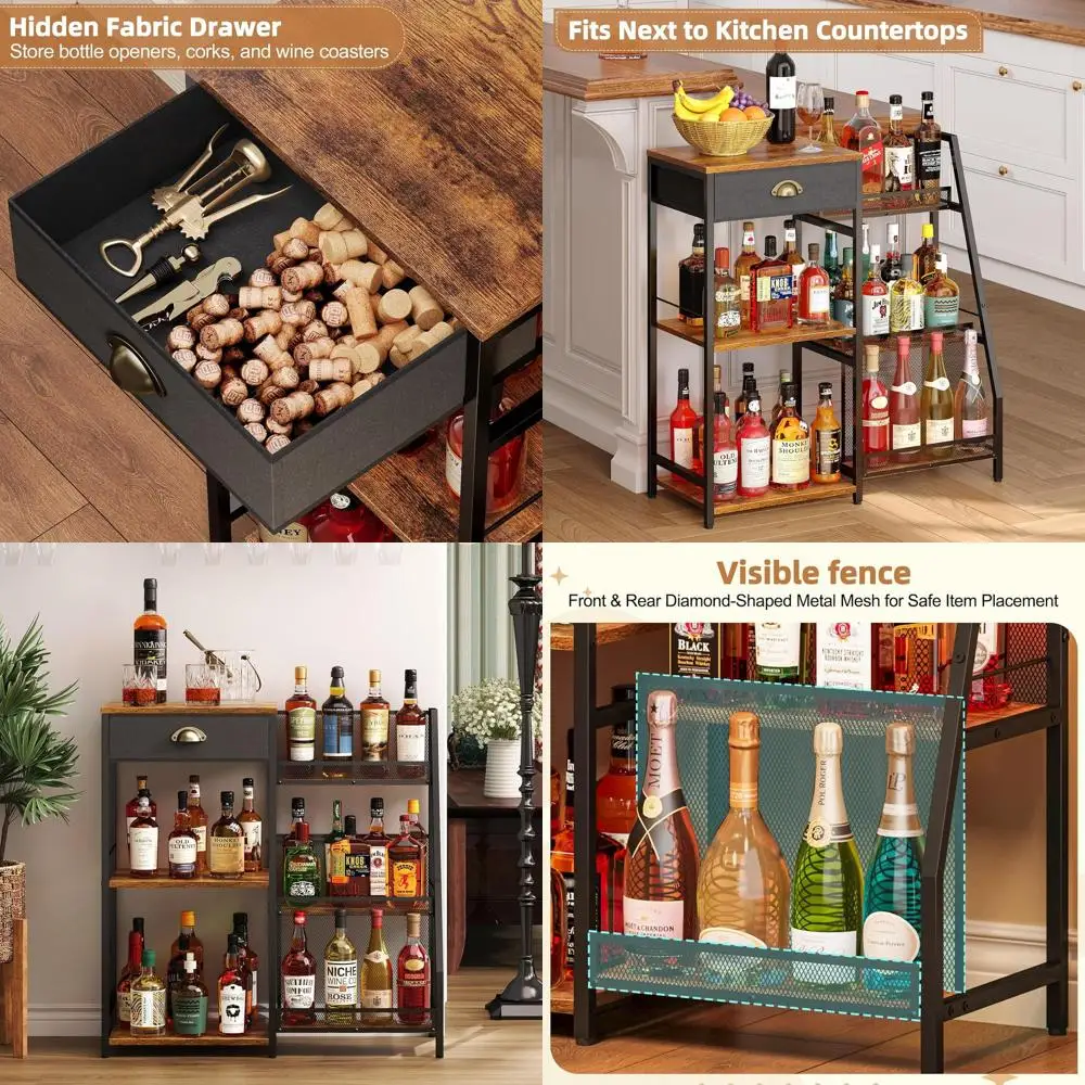 

3-Tier Home Liquor Cabinet with Drawers, Freestanding Wine Rack for Whiskey and Spirits