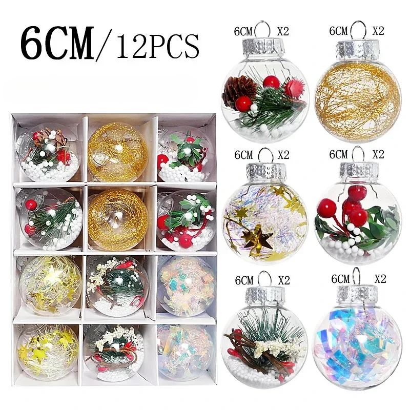 2025 Transparent Christmas Ball Gift Box 6cm 12pcs Plastic Hollow Balls Christmas Decorations Christmas Tree Pendants Decoration