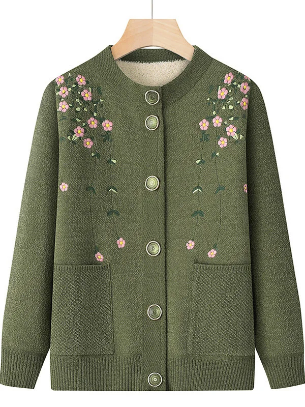Thickened Fleece Knitted Cardigan Coat for Middle-Aged And Elderly Women Autumn Winter Warm Outerwear Casual Comfortable Style