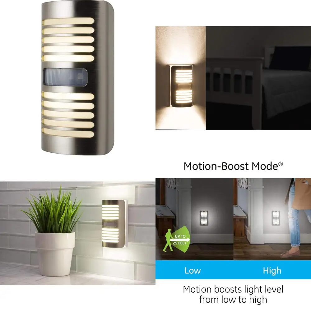 

ge enbrighten светодиодный ночник с датчиком движения, плагин, 40 люмен, выбор движения с обнаружением 25 футов, от заката до рассвета, матовый никель