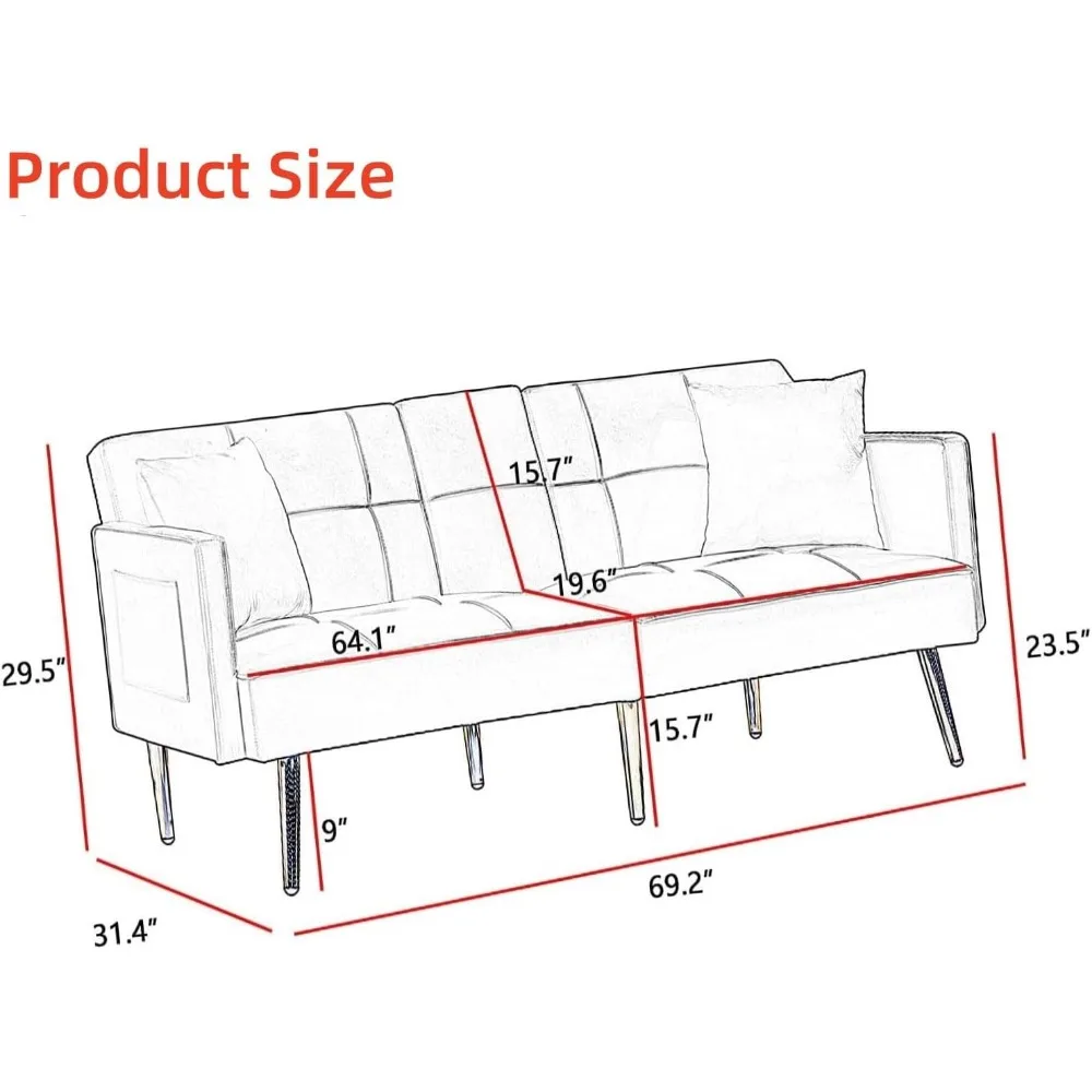 سرير أريكة فوتون قابل للتحويل - سرير فوتون من القماش المخملي مع أقدام معدنية ذهبية اللون وحاملين أكواب، مقعد Loveseat قابل للطي للشقق