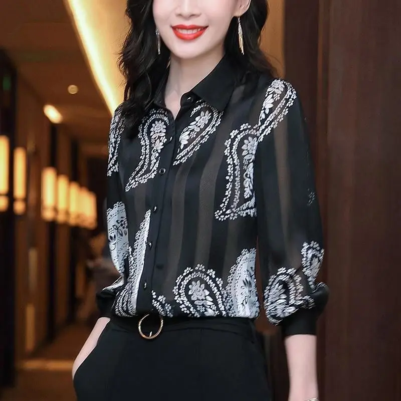 Vintage Striped Paisley Printed Blouse 2023 Spring Casual Long Sleeve Women\'s Clothing Commute Polo-Neck Single-breasted Shirt