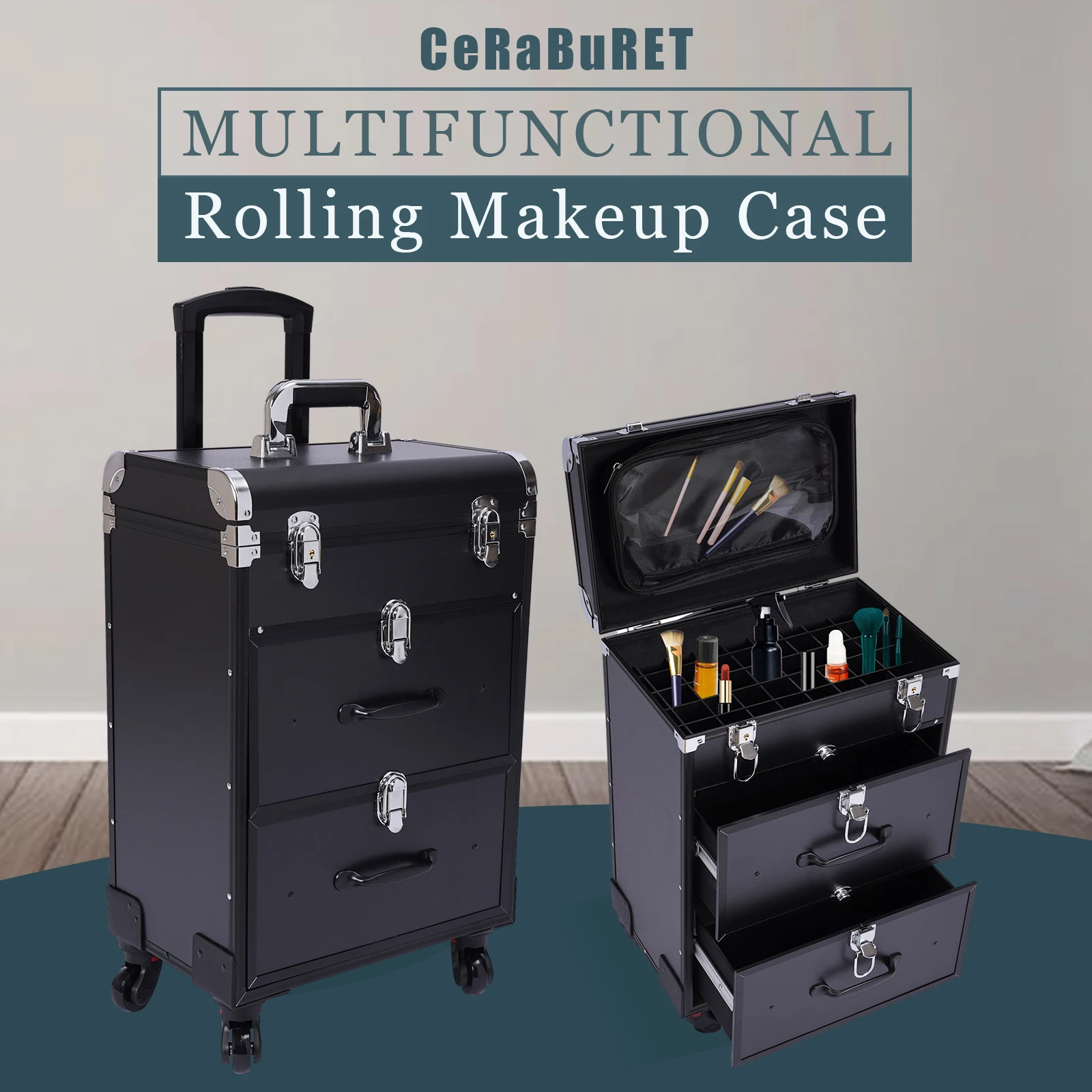 

Rolling Makeup Case Large Cosmetic Trolley With Locks Make Up Bag With Dividers Cosmetics Storage Organizer Black