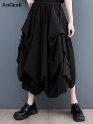 2025 Spring Summer Black Vintage High Elastic Waist Draped Wide Leg Pants Women Loose Casual Pocket Fashion Ladies Trousers