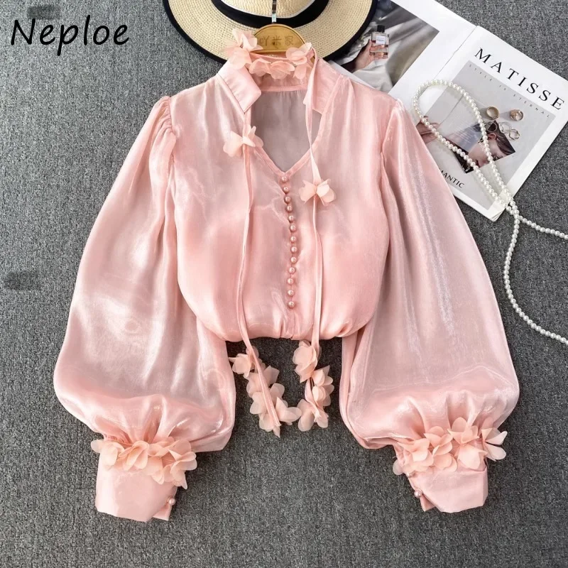 Neploe Sweet Pink Loose Chiffon Blusas Mujer Autumn New V-neck Lace Up Shirts Women Y2k E-Girl Lantern Sleeve Blouses