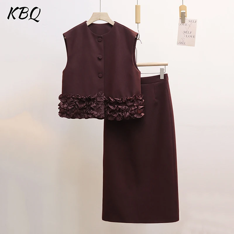 

KBQ Solid Luxury Chic Two Piece Set For Women O Neck Sleeveless Spliced Ruffles Tops High Waist A Line Skirt Set Female Fashion