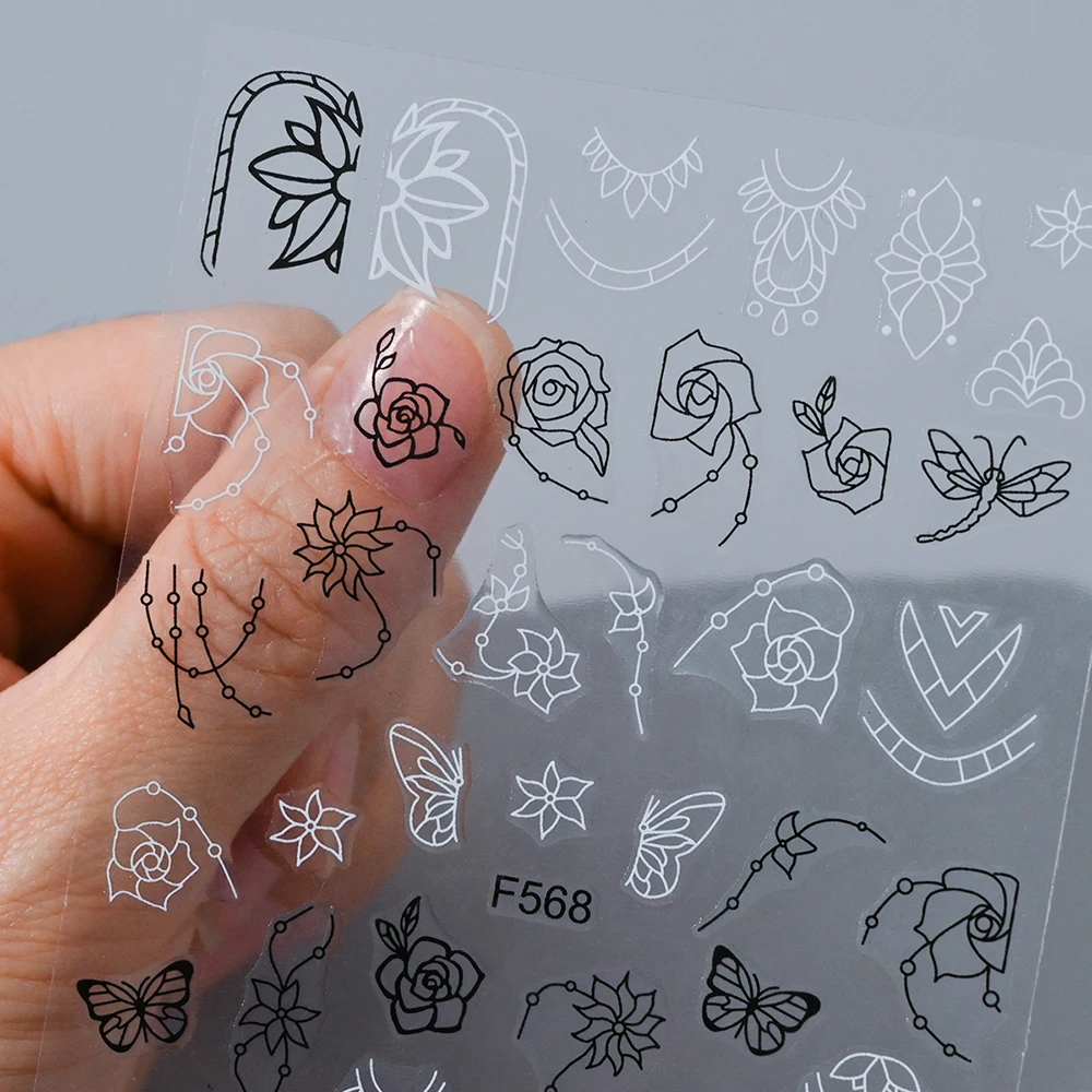 6pcs/Set Black White Lace Flowers Nail Sticker Geometric Line Painting Floral Leaves Charms Decals Retro Sliders Manicure Foils