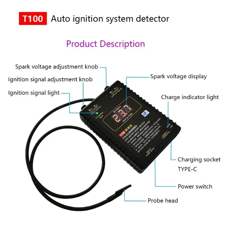 LINGXUN T100 Auto Ignition System Detector for 12V 24V Ignition System to Test Ignition Signal and Spark Voltage