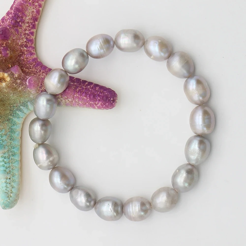 

10-11mm Silver Natural Freshwater Rice-Shaped Pearl Bead Bracelet 20cm Length Baroque Pearl Straight Hole Jewelry Accessories