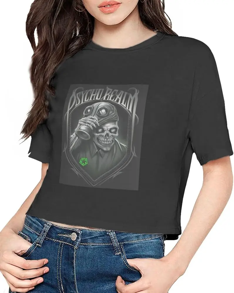 The Psycho Realm Women's T-Shirt Casual Short Sleeve Cropped T Shirts Round Neck Crop Tops Tees Black