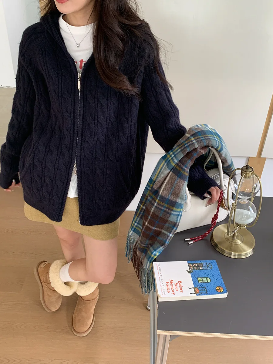 Mantel sweter berkerudung Fried Dough Twists ritsleting ganda desain baru awal musim gugur