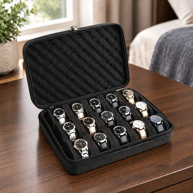 Travel-Friendly Watch Storage Case with 15 Compartments and Durable Protective Shell