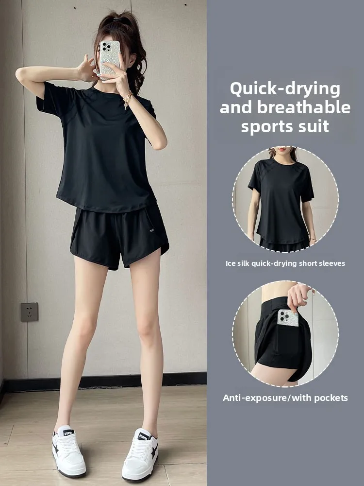 

Женский спортивный комплект для бега, свободная одежда для йоги и фитнеса, футболка Qui Dry ort Sve round Ne, повседневная спортивная одежда из двух предметов