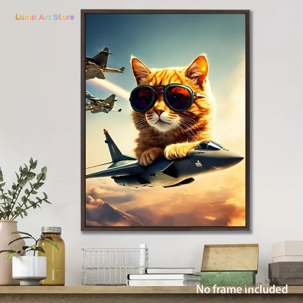 1 pièce, tableau sur toile représentant un chat portant des lunettes de soleil sur un avion de combat, peinture à l'huile, affiche, décoration murale, décoration d'intérieur.