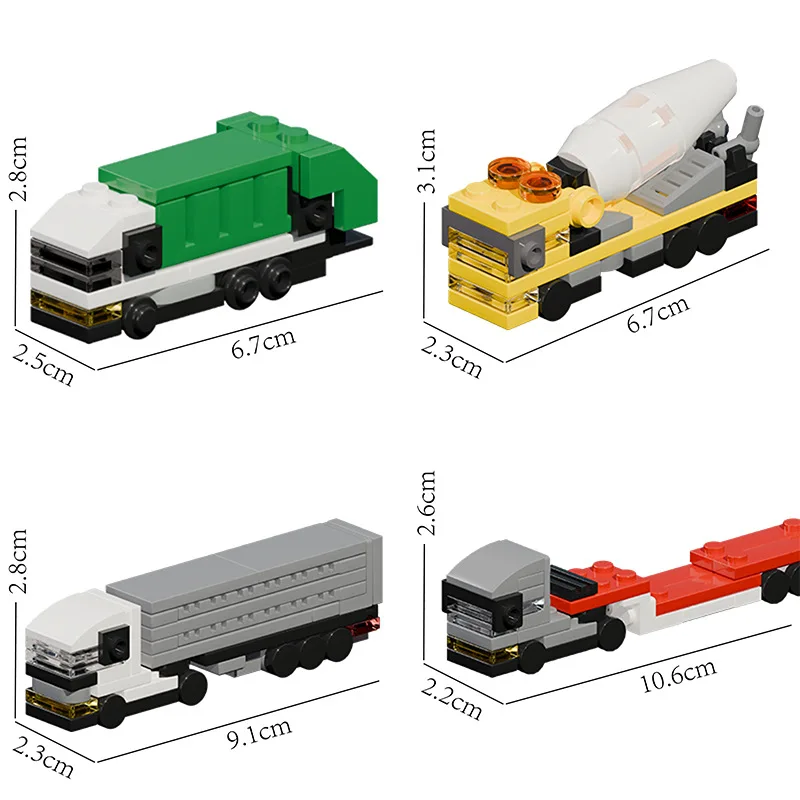 Mini vehículo de basura, camión mezclador de cemento, camión de cama plana larga, modelo de bloques de construcción, Kit de montaje de ladrillos, juguete, regalo de cumpleaños para niños