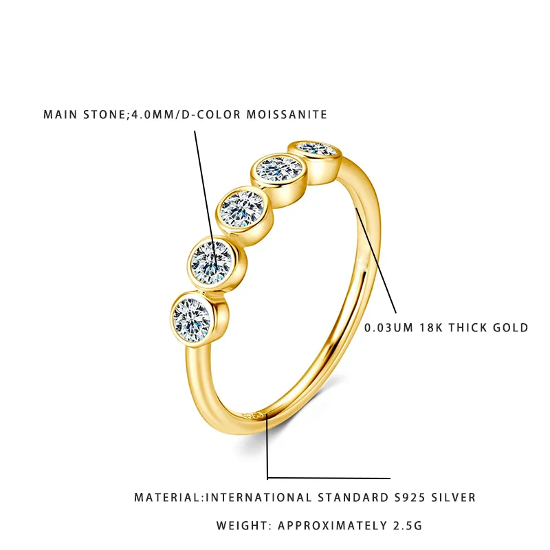 

Кольцо с муассанитом в оправе с бриллиантовой огранкой, серебро S925, позолота 18K, обручальное кольцо-полуободок для женщин