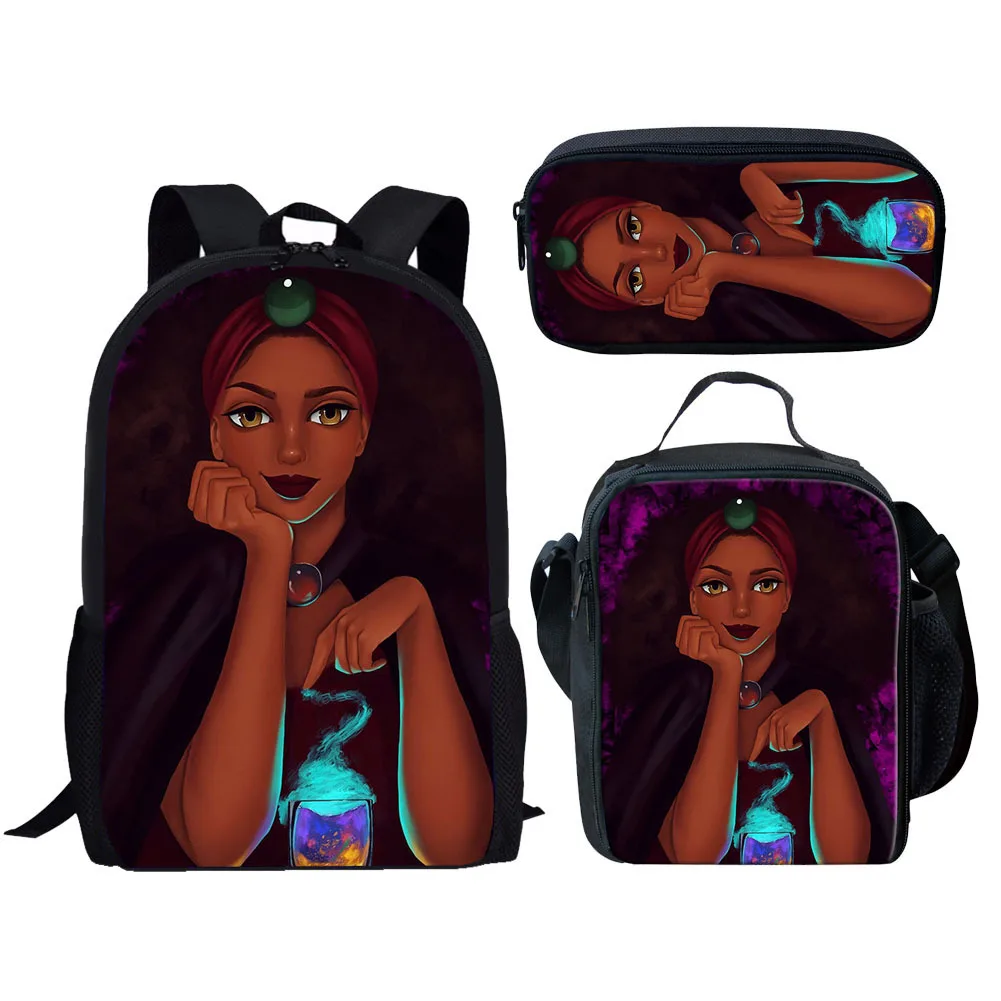 

Cartoon Popular New African Girls 3D Printed 3pcs/Set Student School Bags Laptop Daypack Backpack Lunch bag Pencil Case