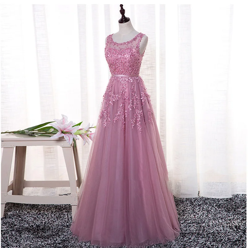 

Evening Dress Dusty Pink O-neck Beads Appliques O-neck Sleeveless Zipper A-line Floor Length Plus size Women Party Formal Gown