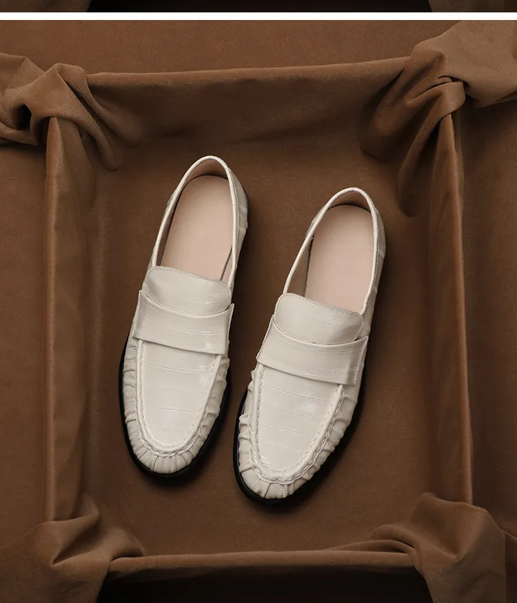 

SHOEBOX British style white small leather shoes for women, new style, vintage low-heel round-toe genuine leather flat shoes