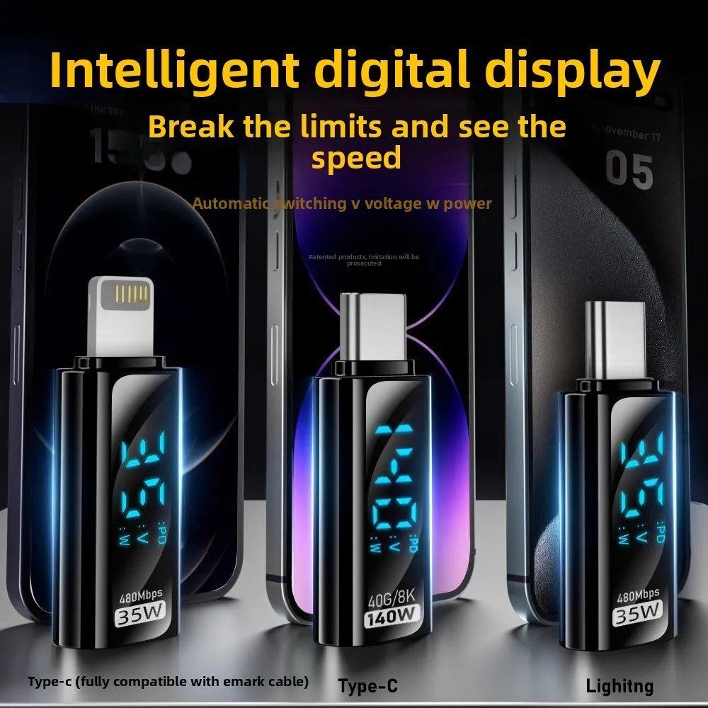 Type-C digital display adapter with 140W PD fast charging, compatible with iPhone charging, 35W adapter with power display