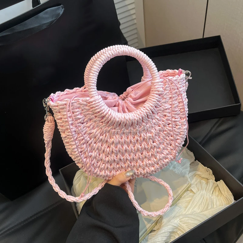 Orange Straw Bag Women Rattan Hand-Woven Handbag Small Half Moon Design Shoulder Crossbody Bag Lady Fashion Beach Bag
