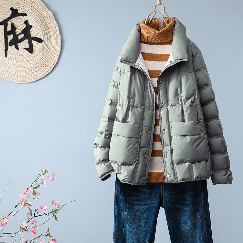 

2024 New Winter Women 90% White Duck Down Coat Casual Light Puffer Jacket Female Short Single Breasted Warm Parkers