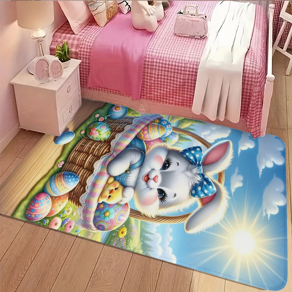 1Pc Spring Pastoral Cute Little White Rabbit Floor Mat High-Value Easter Egg Flower Basket Home Living Room Bedroom Stain-Resistant Non-Slip Carpet