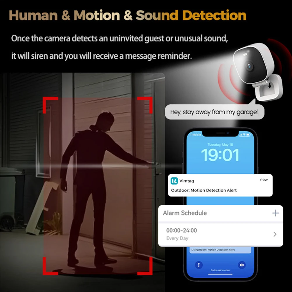 VIMTAG 4MP Mini Câmera de segurança externa wifi,Luz inteligente PIR,Visão noturna Starlight de 10 metros,cameras vigilância wifi a prova d'água,áudio em dois,sentidos detecção AI,com alexa