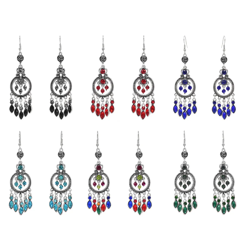 Vintage Ethnic Crystal Tassel Dangle Earrings for Women Elegant Bohemian Hollow Alloy Silver Water Drop Pendant Jewelry Gift