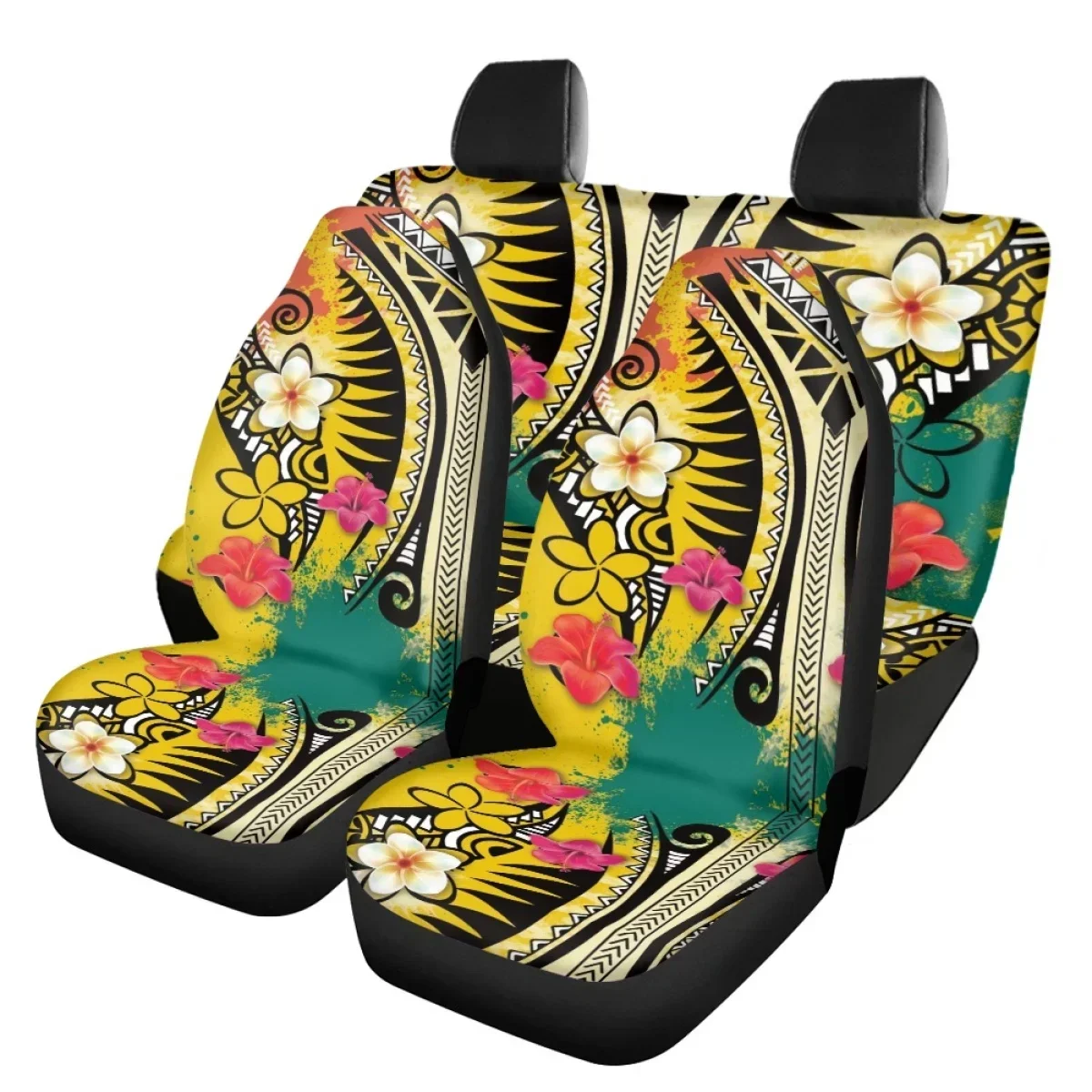 

Full Set Car Front and Back Seat Covers Hawaii Polynesian Plumeria Hibiscus Print Universal Polyester Automotive Seat Covers
