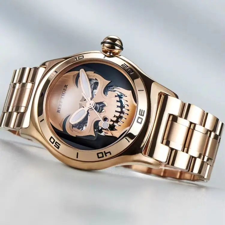 Reef Tiger Men Automatic Watch 44mm Mechanical Wristwatch Sport Waterproof Skeleton Skull Dial Bubble Mirror