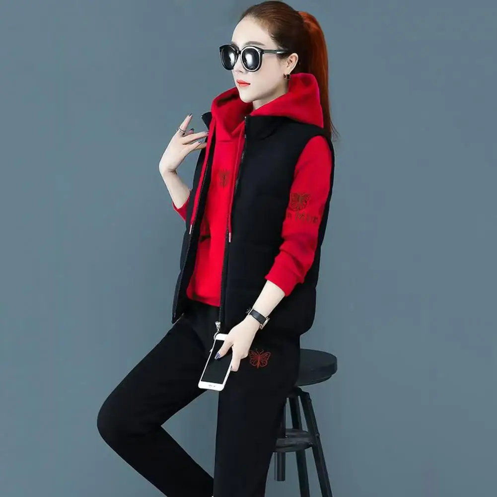 Lady Sport Clothes Women's Winter Tracksuit Set with Embroidered Hoodie Padded Coat Elastic Waist Pants 3 Piece Sporty for Cold