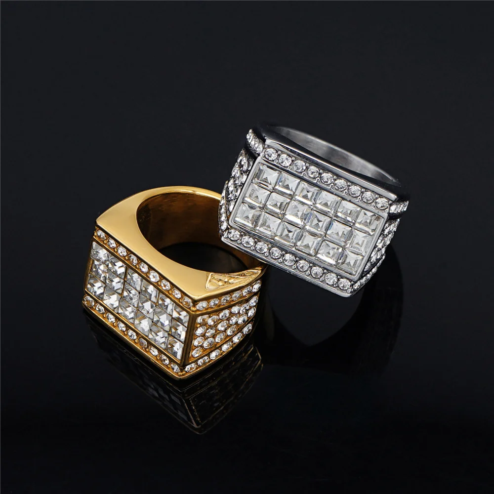 Iced Out Men\'s Ring Gold Color Stainless Steel Cubic Zirconia Bling Big Square Rings For Men Rapper Hip Hop Jewelry Dropshipping