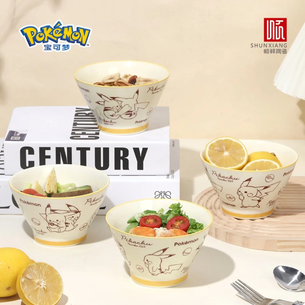 SHUNXIANG Pokémon Licensed 5 Inch Ceramic Rice Bowl Set Pikachu Pattern Conial Bowl Snack Bowl Microwave Safe Bowl Tableware Set