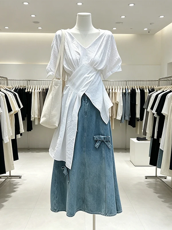 

Summer Large Size Women's Irregular Top with Knot Denim Skirt Two-Piece Set High Waist A-Line Skirt Commute Style
