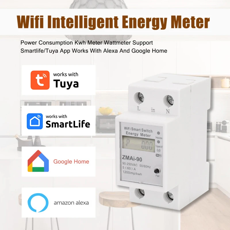 Medidor de energía con interruptor inteligente Wifi, modelo de ZMAI-90, voltímetro, vatímetro, medidor de potencia, aplicación Tuya Smart Life, funciona con Alexa y Google Home