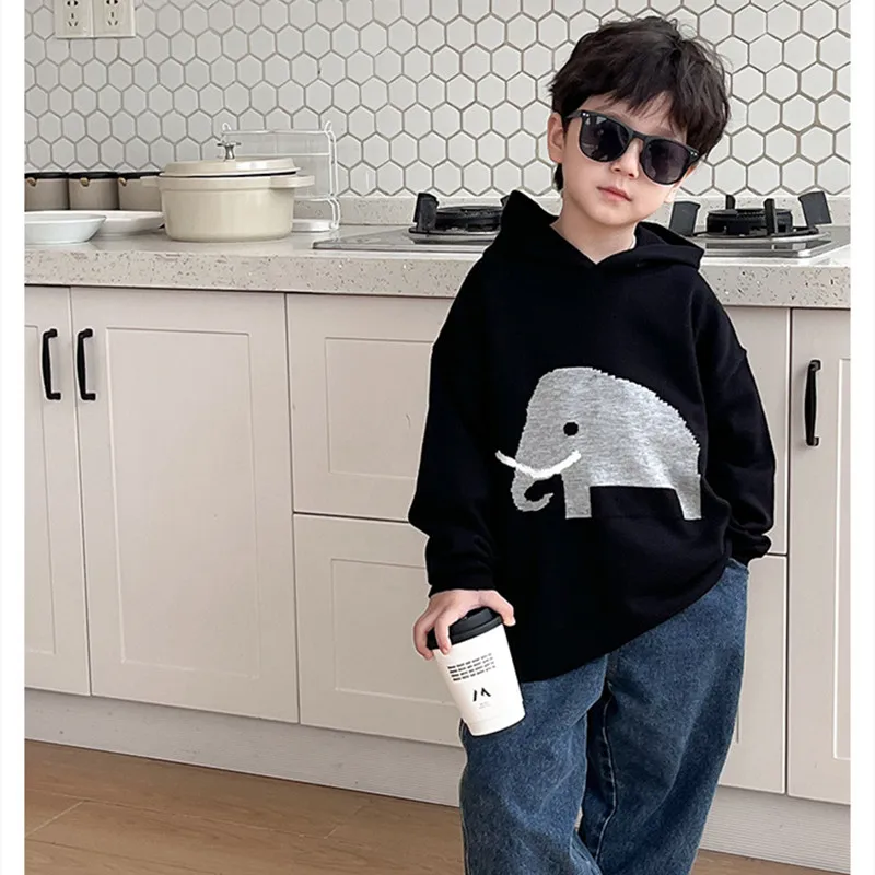 

2024 Spring Boys and girls elephant jacquard hooded sweater Children soft loose knit pullover