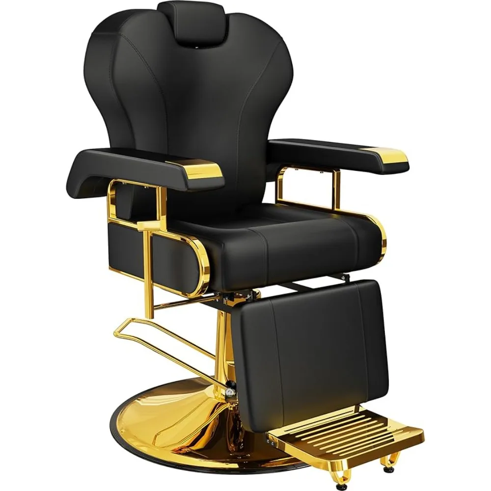 

Professional Reclining Salon Chair with Adjustable Backrest, Black Gold Barber Chair 360 Swivel, Weight Capacity Up to 440 lbs