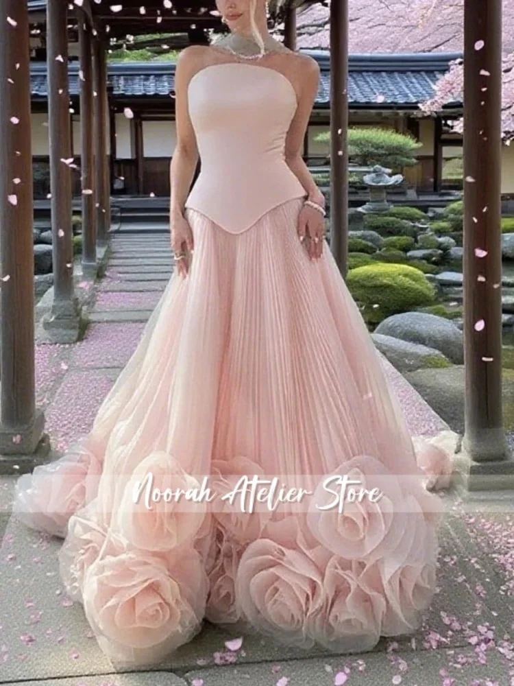 Elegant สีเขียวดอกไม้ Tulle ชุดราตรีซาติน Aline Saudi Arabric มุสลิมอย่างเป็นทางการโอกาส Vestidos De Fiesta Noche ที่กําหนดเอง