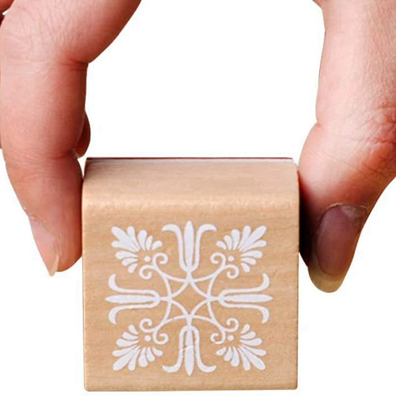 24Pcs Wooden Stamps Floral Pattern Circles And Squares Decorative Rubber Wooden For DIY Craft Card And Scrapbooking