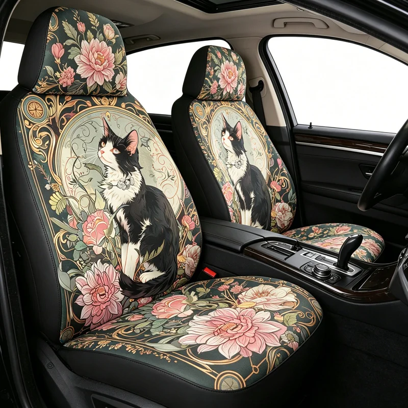 2 fundas elegantes para asientos de coche con diseño floral de gatos, 2 fundas de diseño universal para coches, SUV, camiones, fundas para asientos delanteros, elegantes