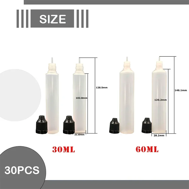 아동용 캡과 얇은 팁이 있는 플라스틱 스포이드 병, 잉크 액체 어플리케이터, LDPE 펜 모양 압착 가능 병, 30ml, 60ml, 30 개