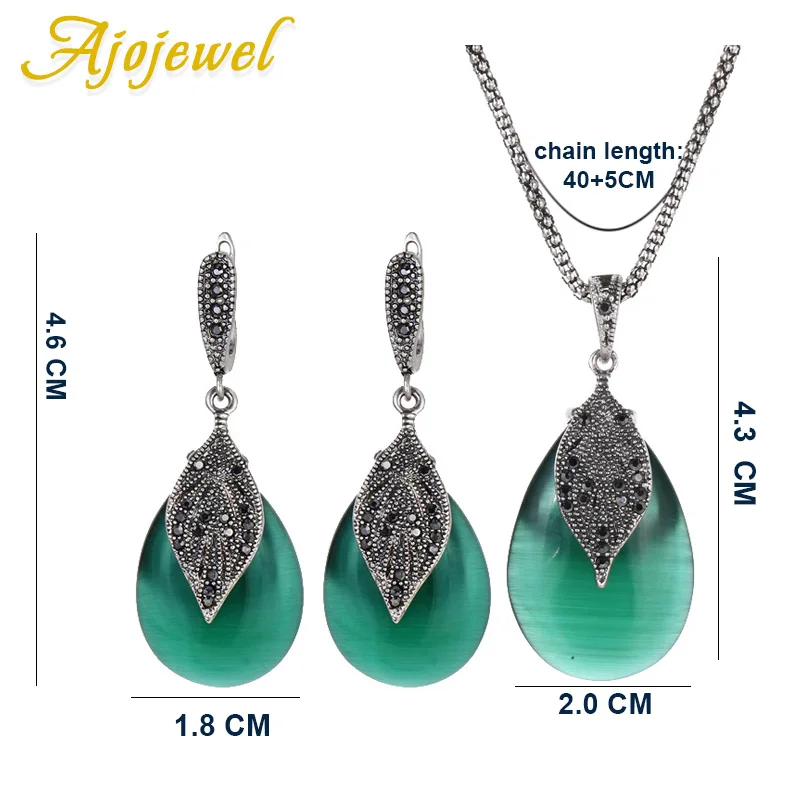 Ajojewel Black Rhinestone Leaf Designer Earring Ring Necklace Set Jewelry With Green Opal Stone Vintage Style Item Supplier