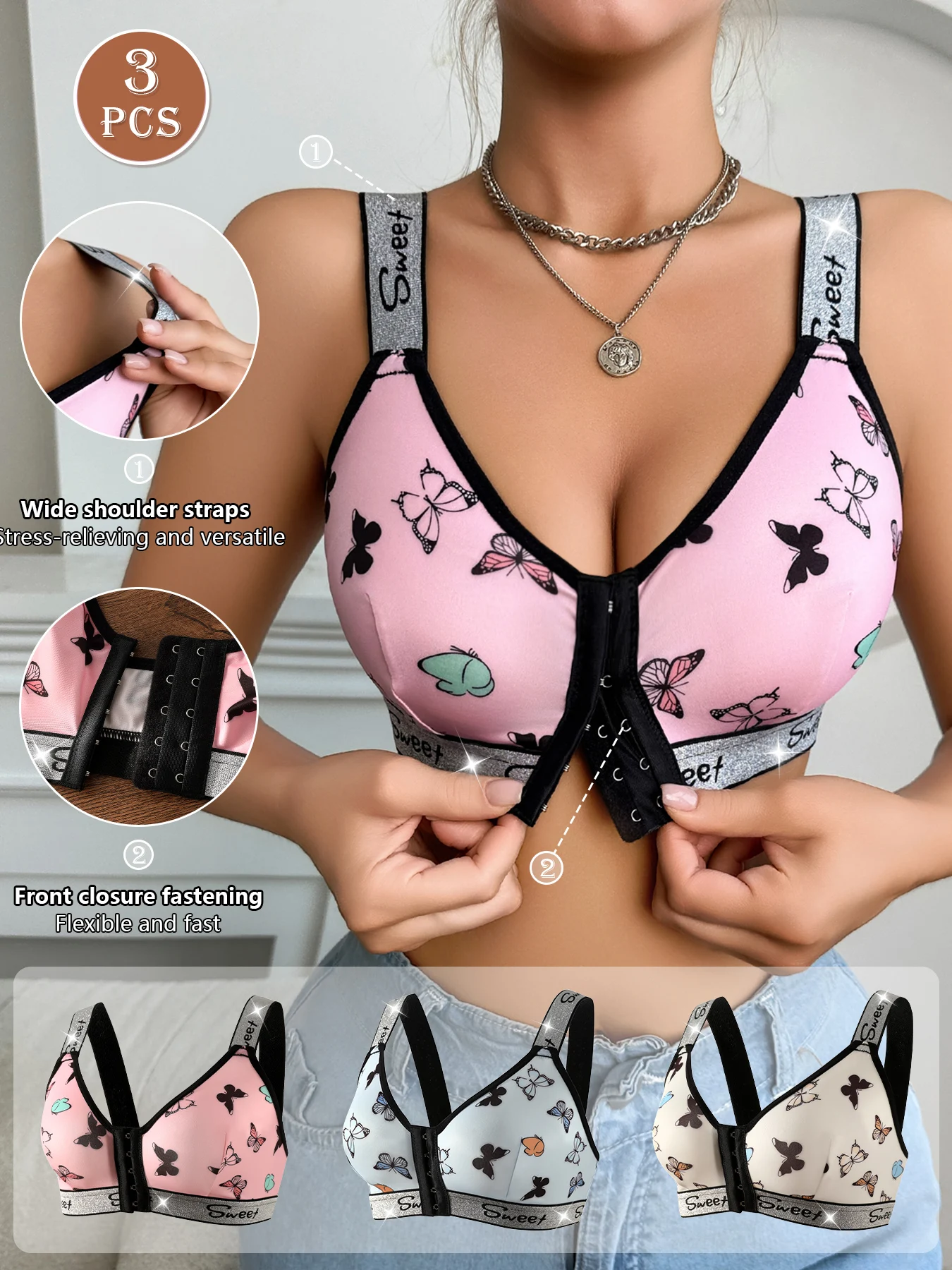 3-teiliges Damen-Unterwäsche-Set, mehrfarbiger BH mit Vorderverschluss