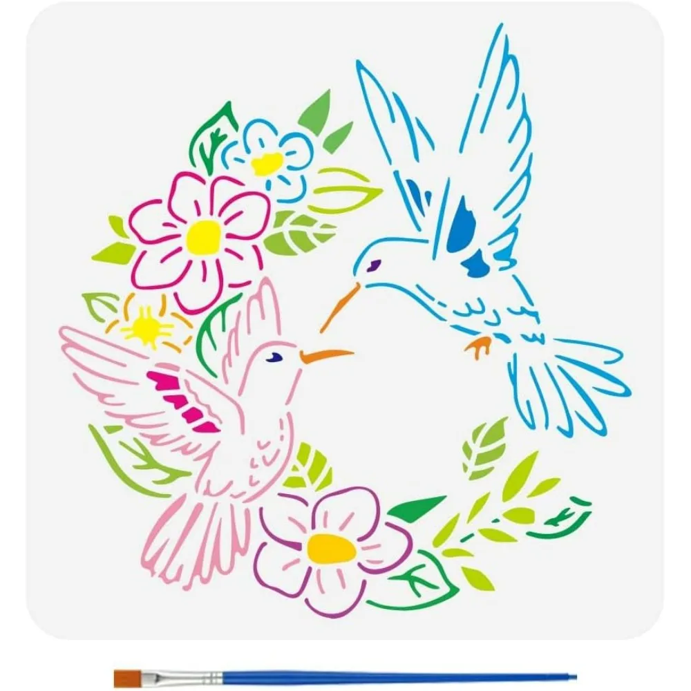 Hummingbird Wreath Stencil for Painting 11.8x11.8inch with Paint Brush Hollowed Hummingbird Pattern Drawing Template making kit