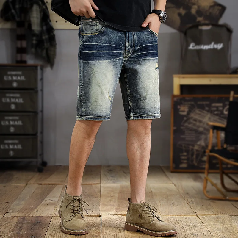 High-End Washed Make Old Ripped Denim Shorts Men's Summer 2024 New Slim Fit Straight Short Pants Ins Fashion Brand Shorts