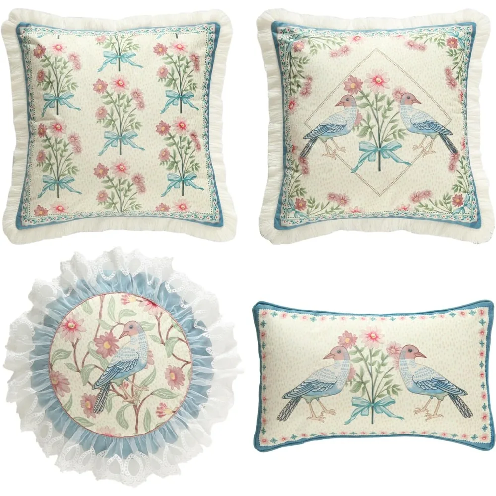 

French Country Velvet Throw Pillow Cover,Elegant Blue Pink Small Floral Collection Pattern,Decorative Lumbar Pillowcases Cushion